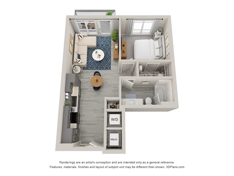 Floor plan for 1 bed, 1 bath, 622 sqft